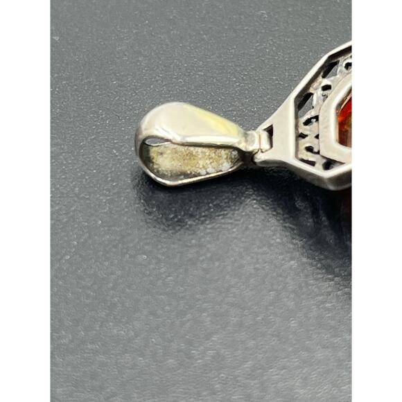 Vintage Solid Sterling Silver Natural Baltic Amber Intricate Scrollwork Pendant - Picture 7 of 9